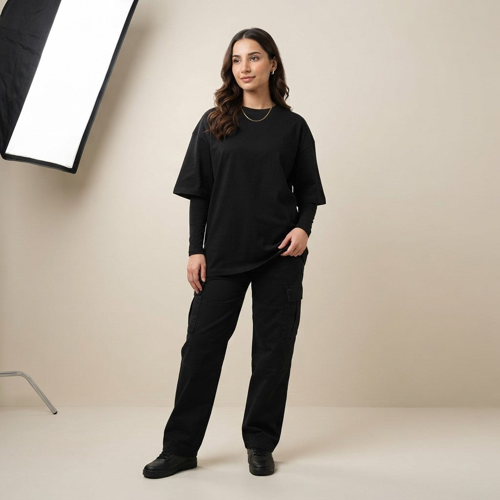 Black Drop Shoulder Tee | Oversized Fit T-Shirt