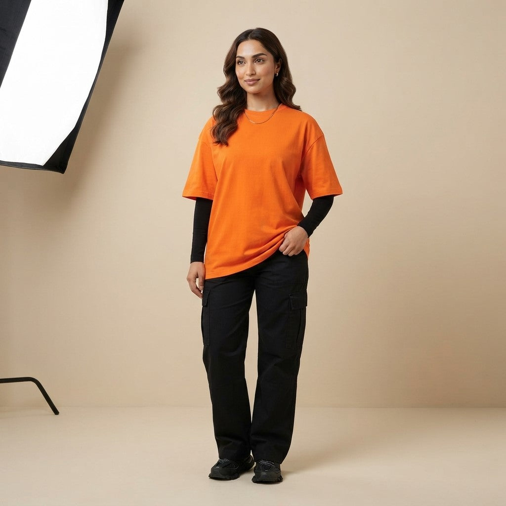 Orange Drop Shoulder Tee | Oversized Fit T-Shirt