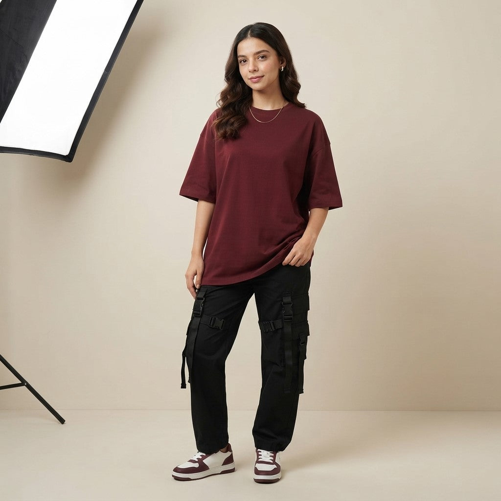 Maroon Drop Shoulder Tee | Oversized Fit T-Shirt