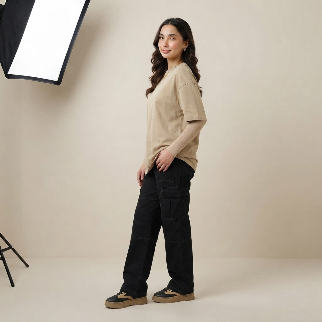 Beige Drop Shoulder Tee | Oversized Fit T-Shirt