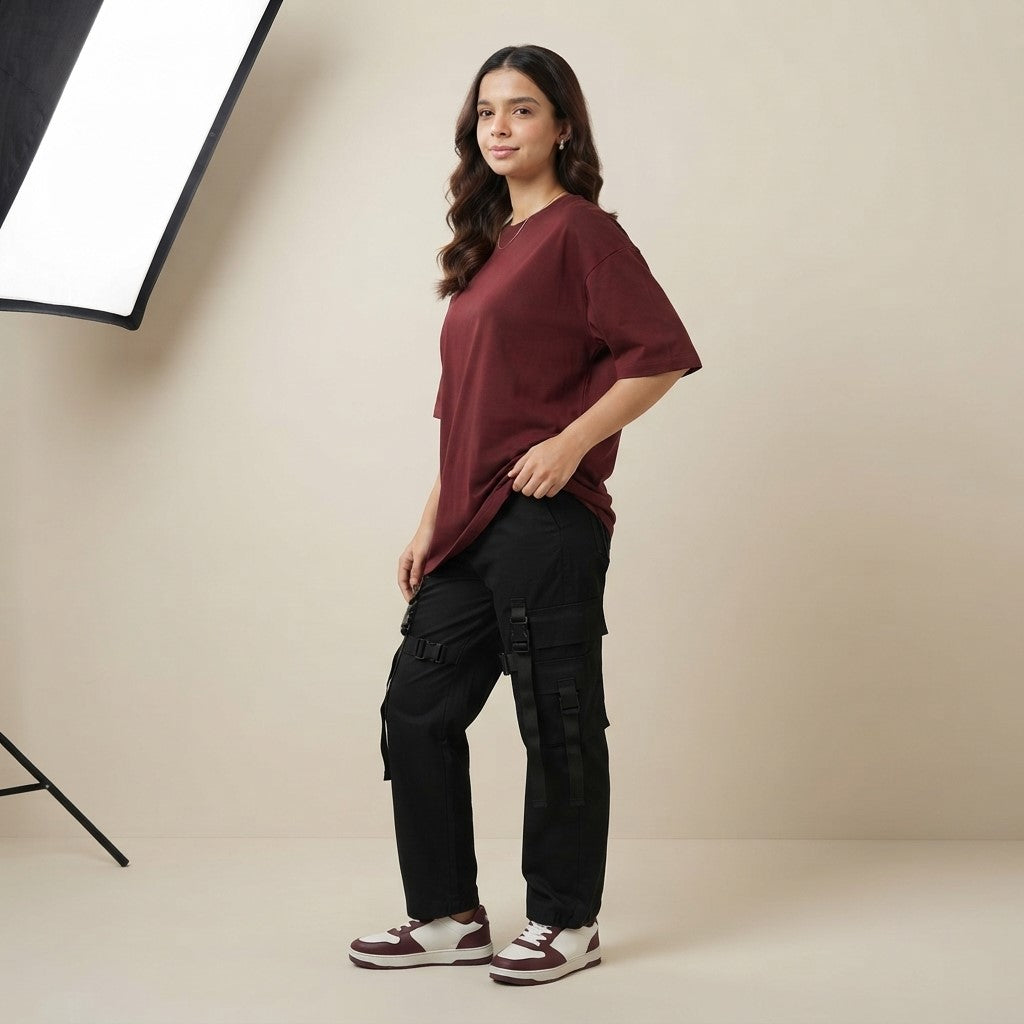 Maroon Drop Shoulder Tee | Oversized Fit T-Shirt