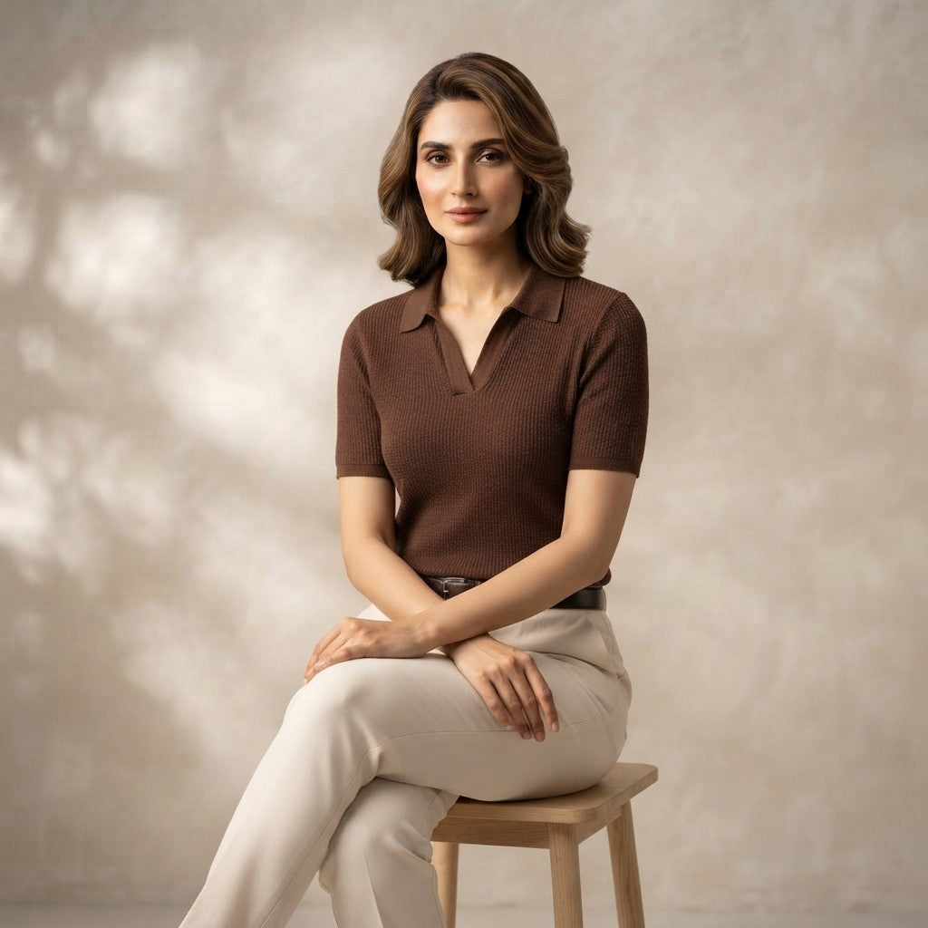 Honeycomb Polo Brown | Premium Knitted Polo Shirt for Woman
