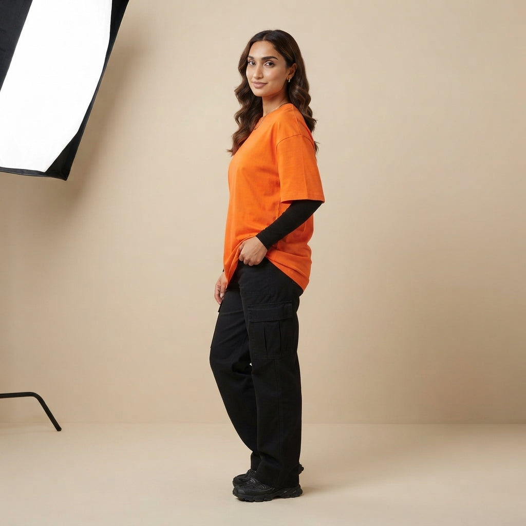 Orange Drop Shoulder Tee | Oversized Fit T-Shirt