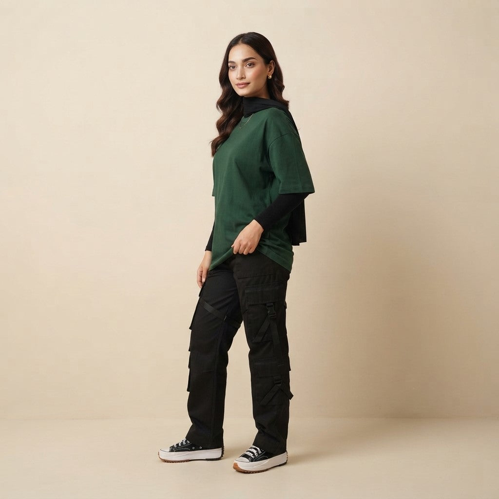Bottle Green Drop Shoulder Tee | Oversized Fit T-Shirt