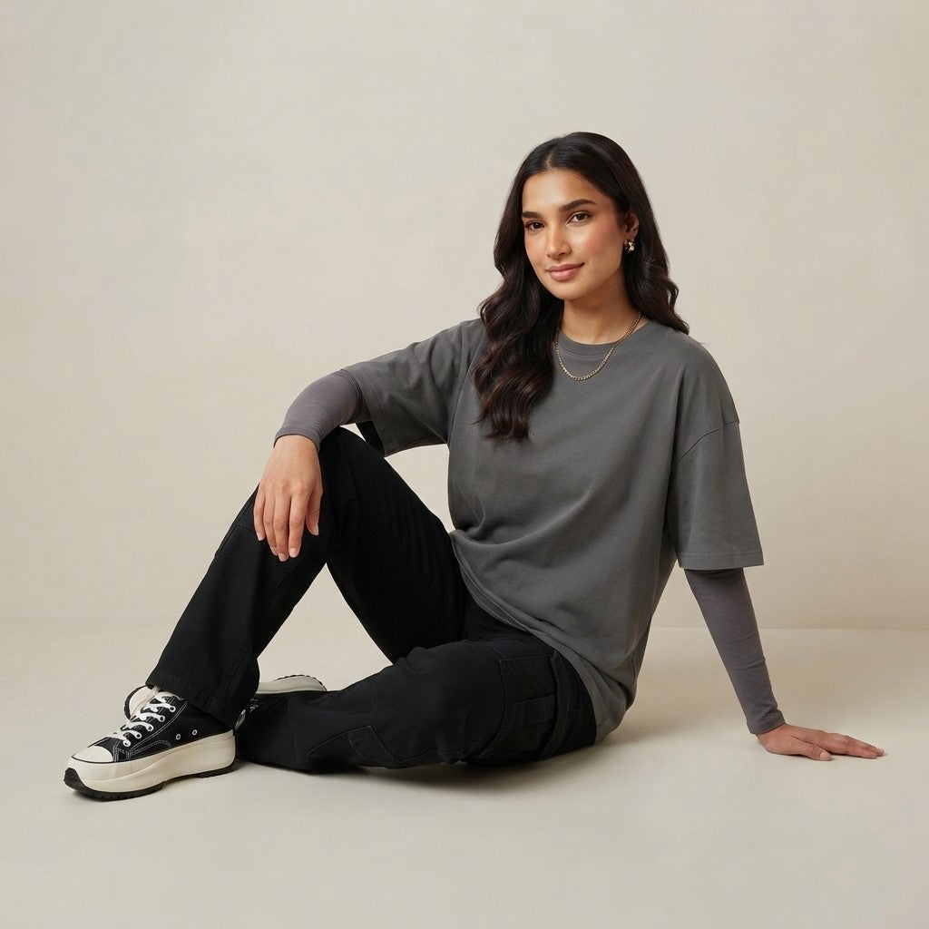 Steel Grey Drop Shoulder Tee | Oversized Fit T-Shirt