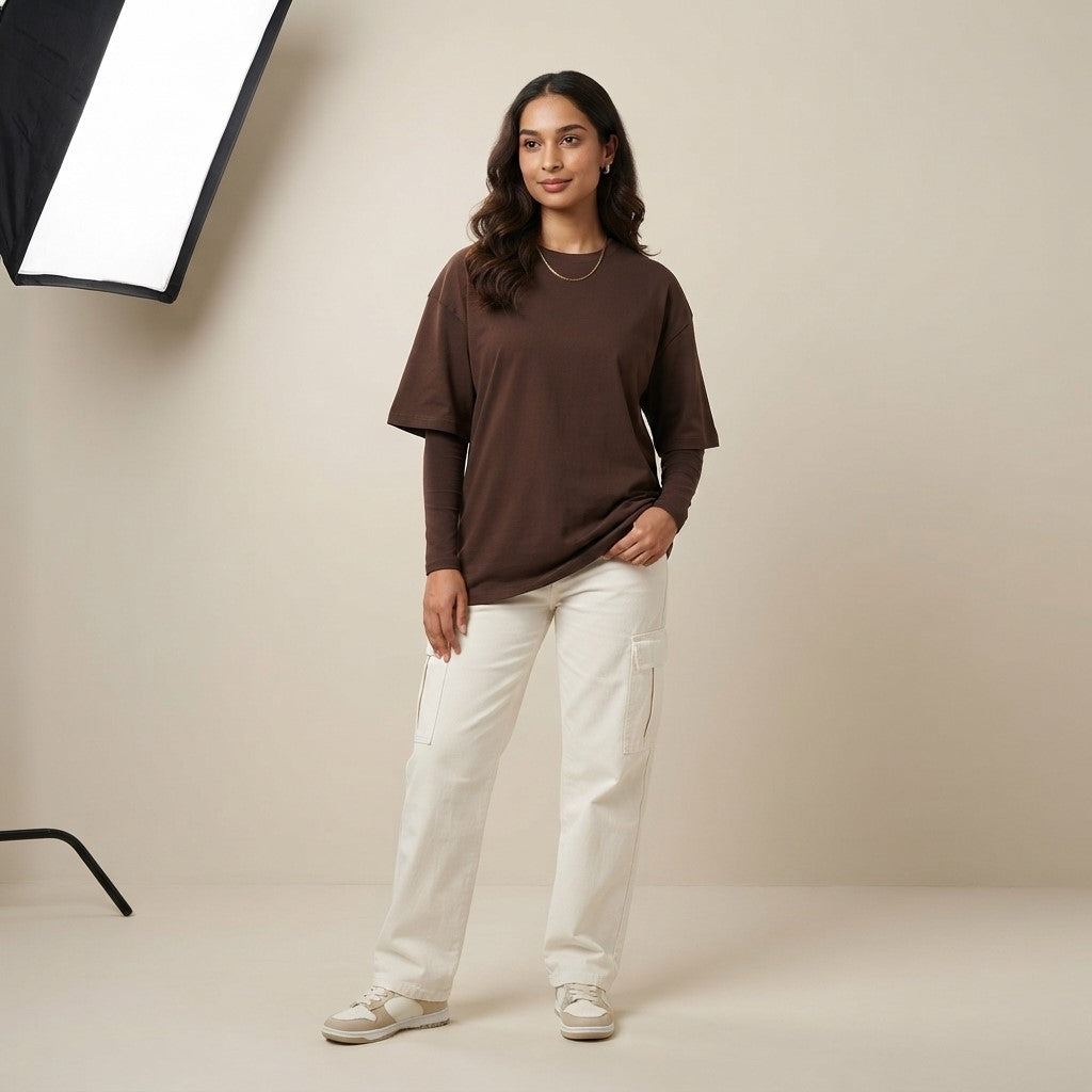 Dark Brown Drop Shoulder Tee | Oversized Fit T-Shirt