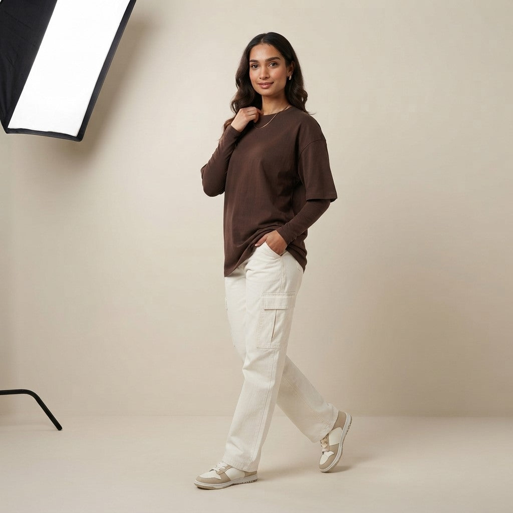 Dark Brown Drop Shoulder Tee | Oversized Fit T-Shirt