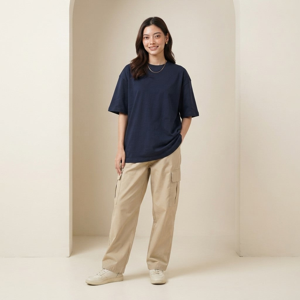 Navy Blue Drop Shoulder Tee | Oversized Fit T-Shirt