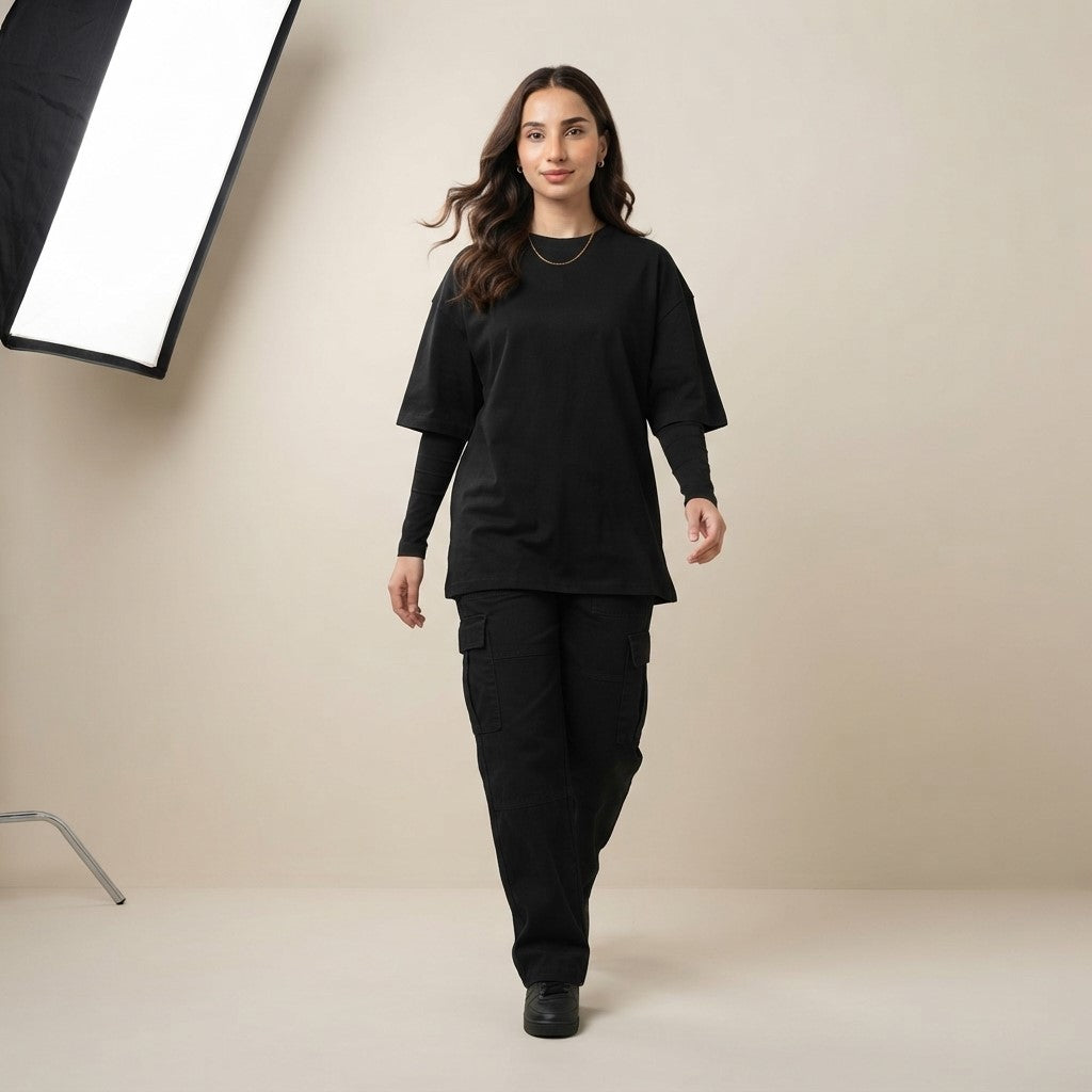 Black Drop Shoulder Tee | Oversized Fit T-Shirt