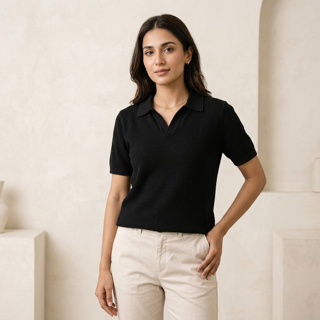 Black Knitted Polo Shirt for Men | Honeycomb Premium Polo