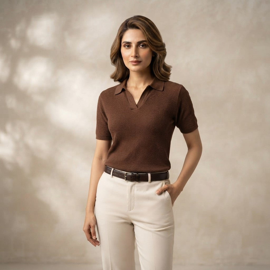 Honeycomb Polo Brown | Premium Knitted Polo Shirt for Woman