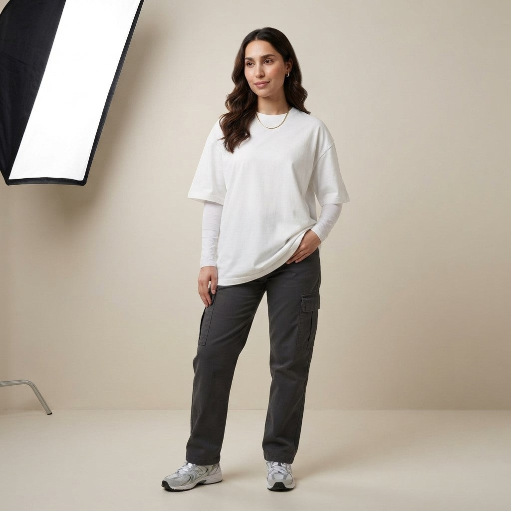 White Drop Shoulder Tee | Oversized Fit T-Shirt