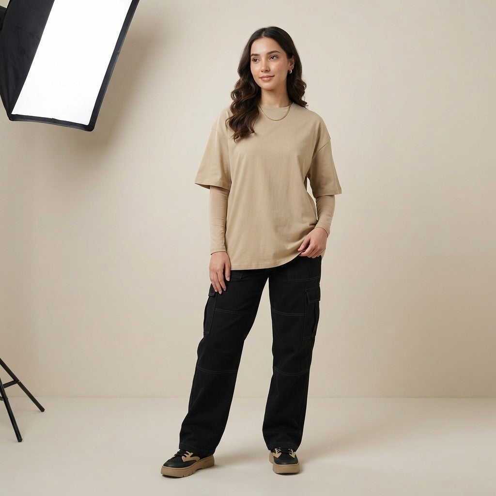 Beige Drop Shoulder Tee | Oversized Fit T-Shirt