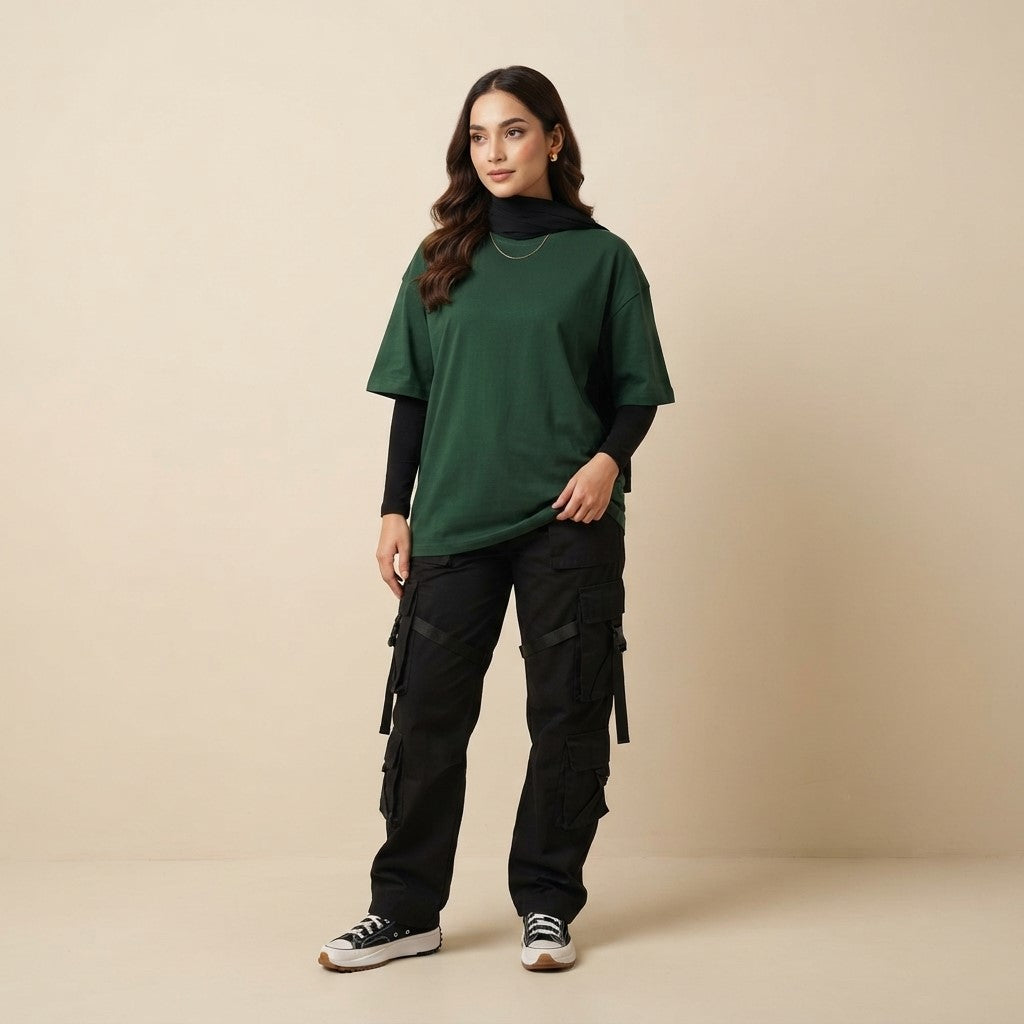 Bottle Green Drop Shoulder Tee | Oversized Fit T-Shirt