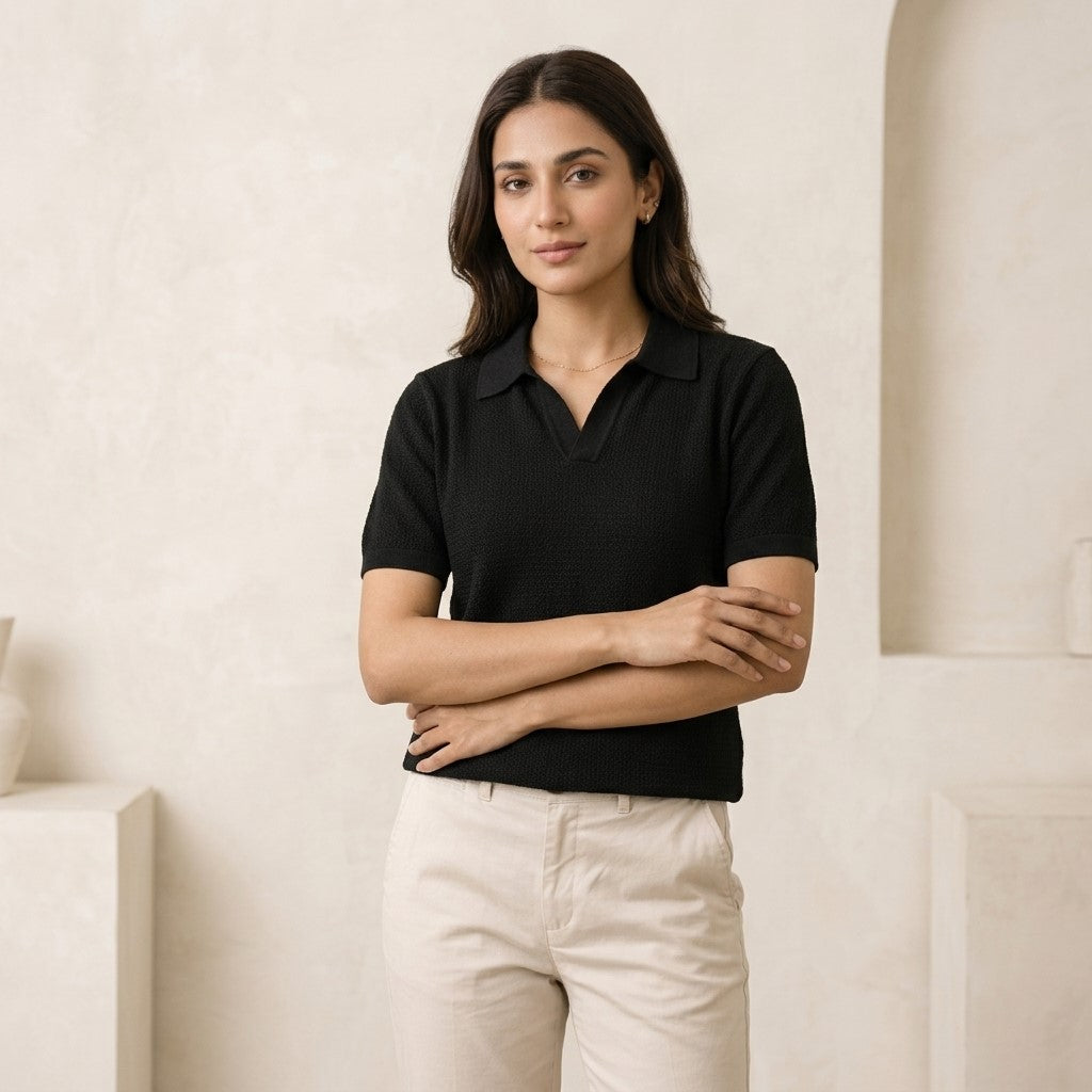 Black Knitted Polo Shirt for Men | Honeycomb Premium Polo