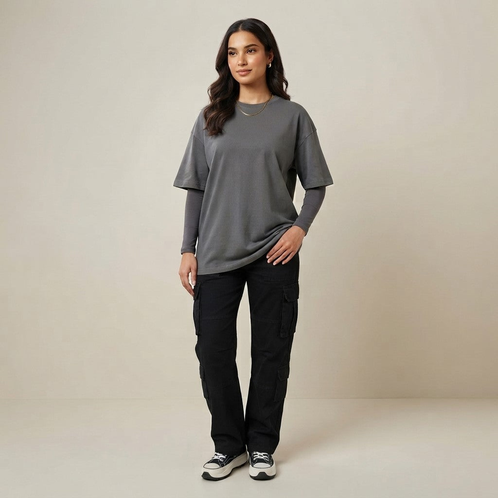 Steel Grey Drop Shoulder Tee | Oversized Fit T-Shirt