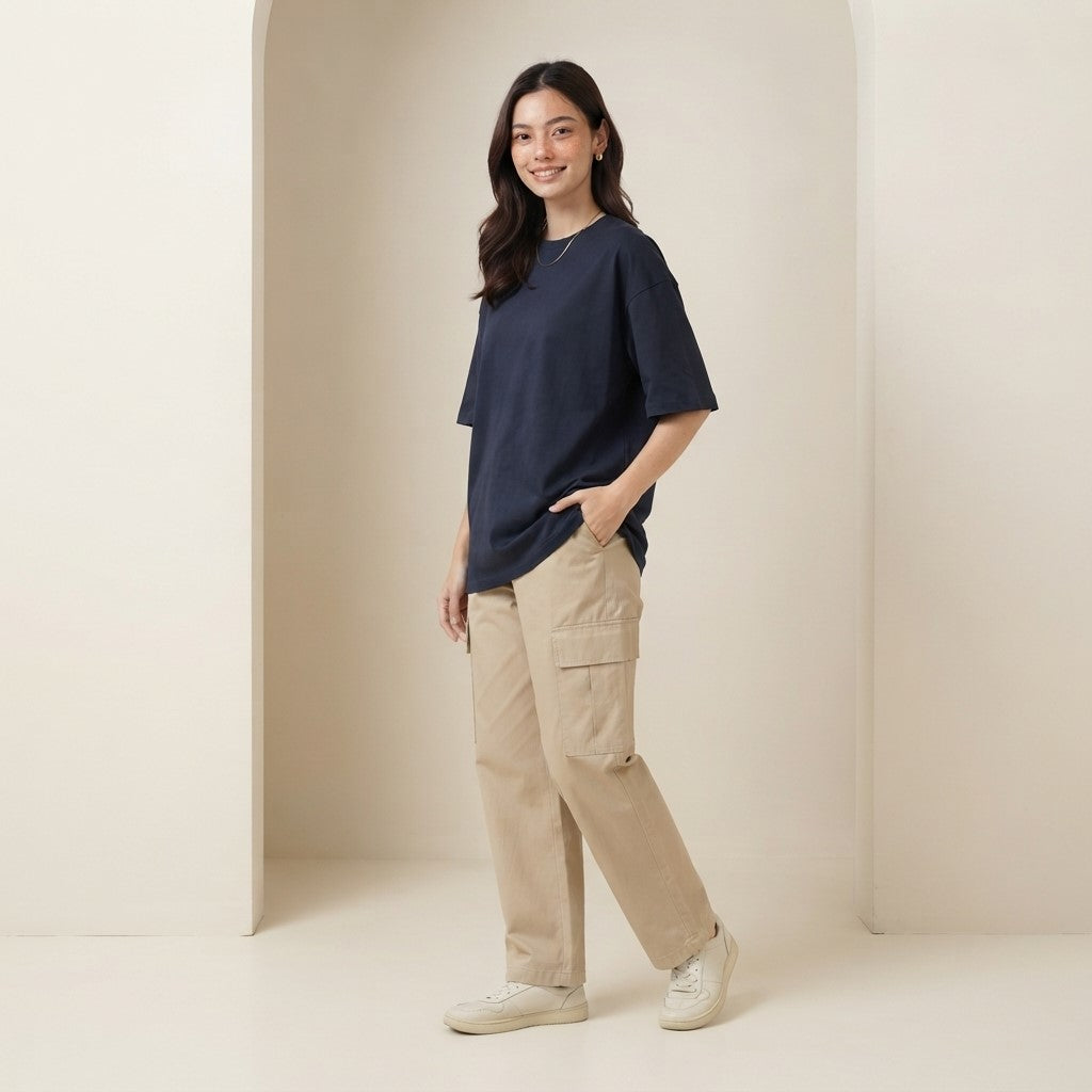 Navy Blue Drop Shoulder Tee | Oversized Fit T-Shirt