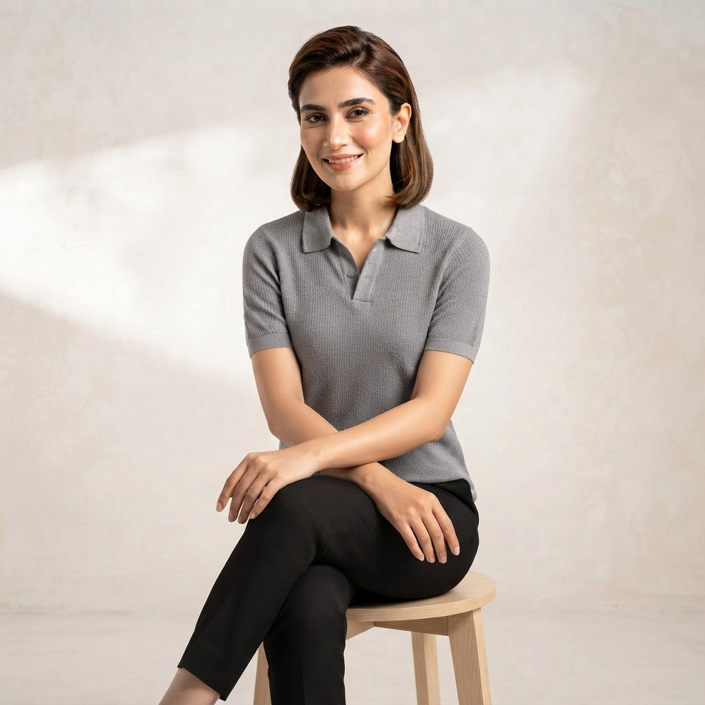 Honeycomb Polo Steel Grey | Premium Knitted Polo Shirt for Woman