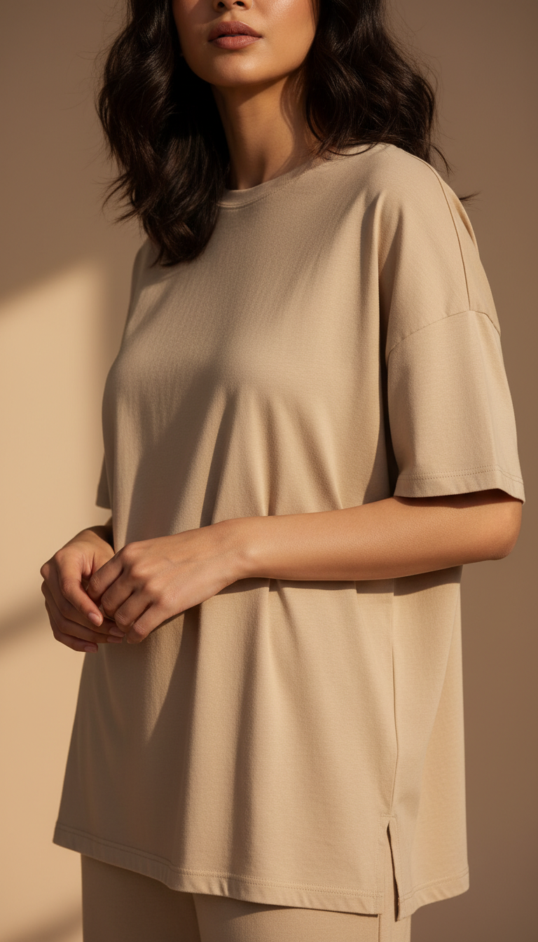 Drop Shoulders Oversized Beige T-Shirts