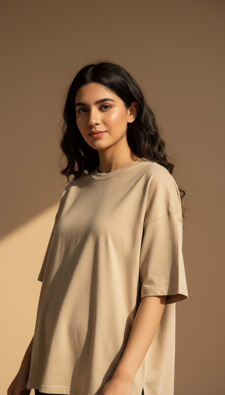 Drop Shoulders Oversized Beige T-Shirts