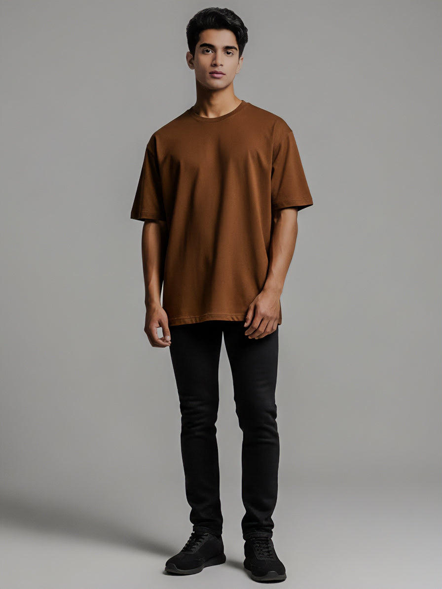 Drop Shoulders Oversized Brown T-Shirts