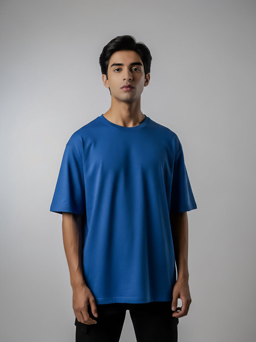 Drop Shoulders Oversized Cobalt Blue T-Shirts