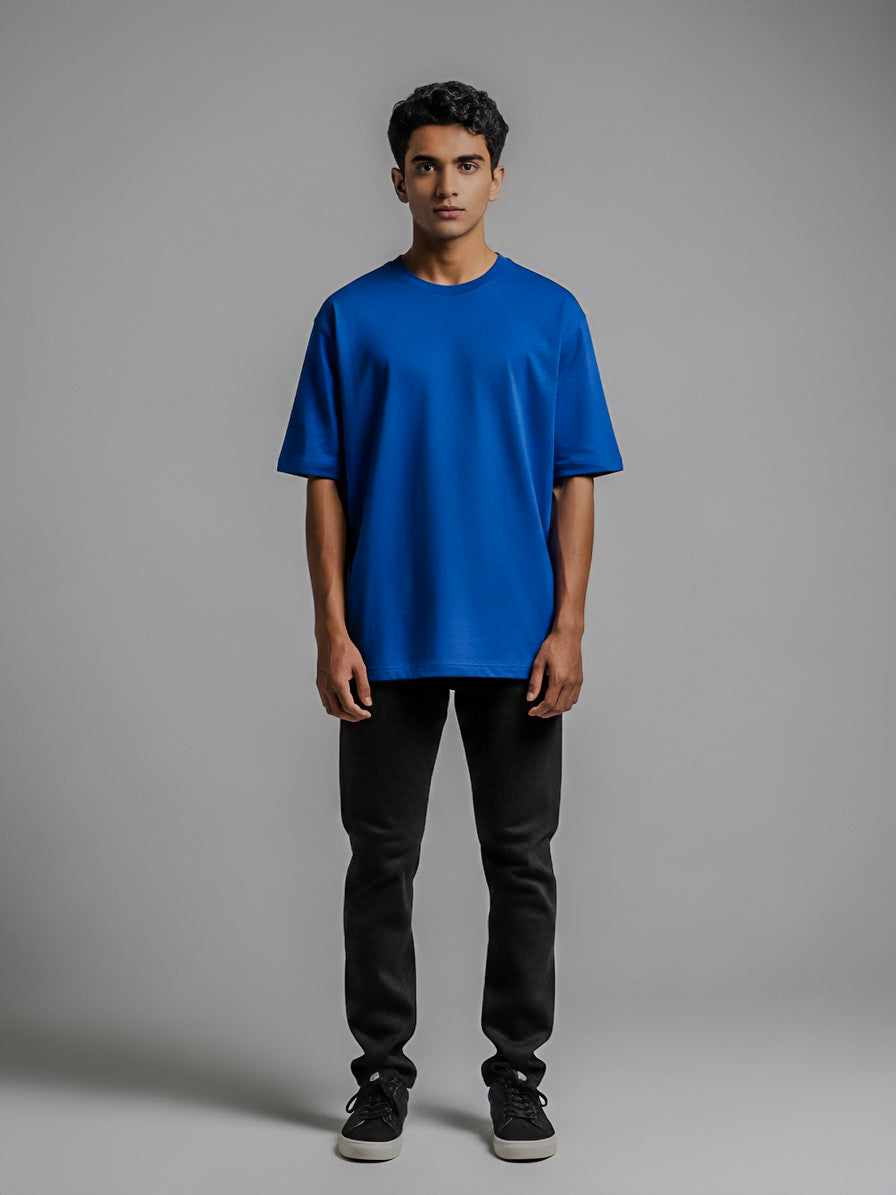 Drop Shoulders Oversized Cobalt Blue T-Shirts