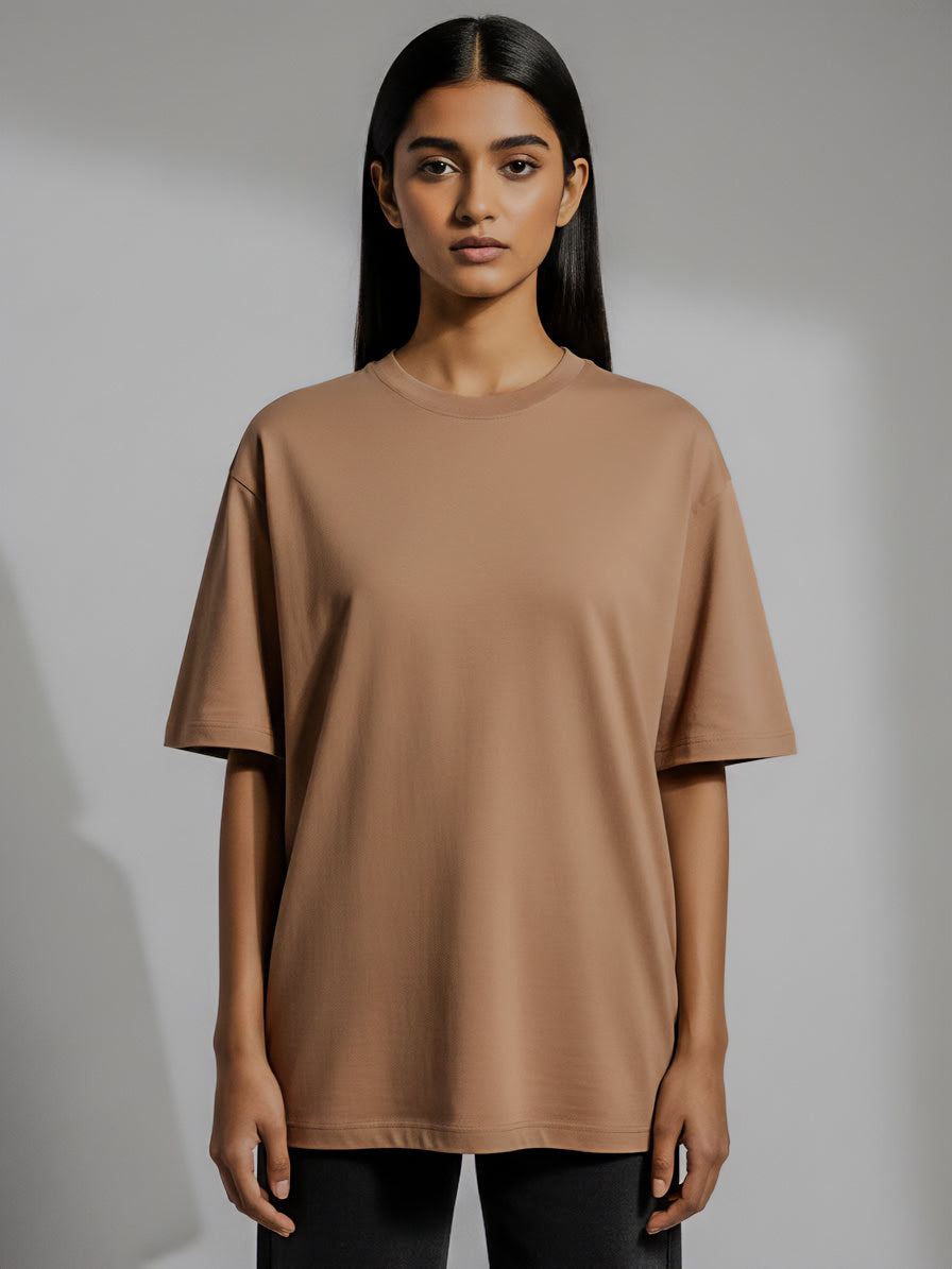 Drop Shoulders Oversized Taupe Brown T-Shirts