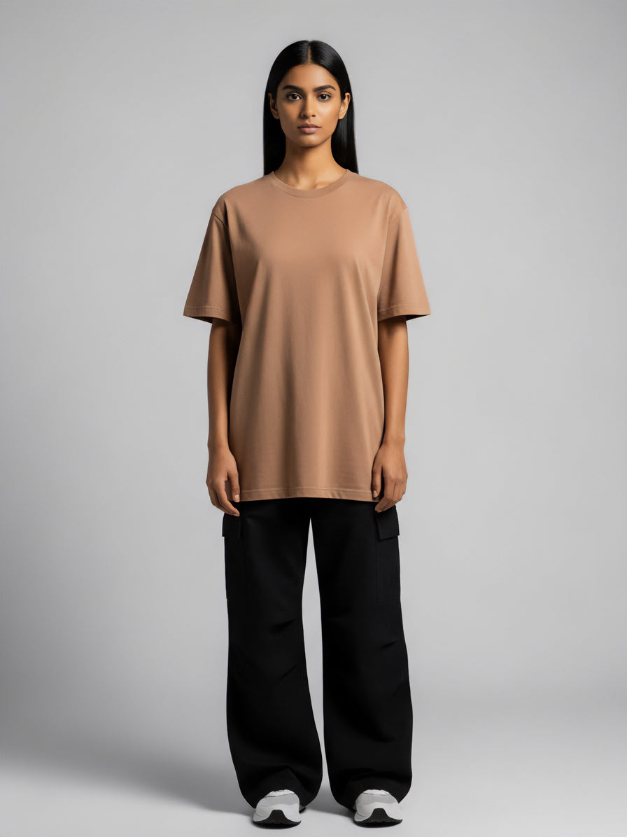 Drop Shoulders Oversized Taupe Brown T-Shirts