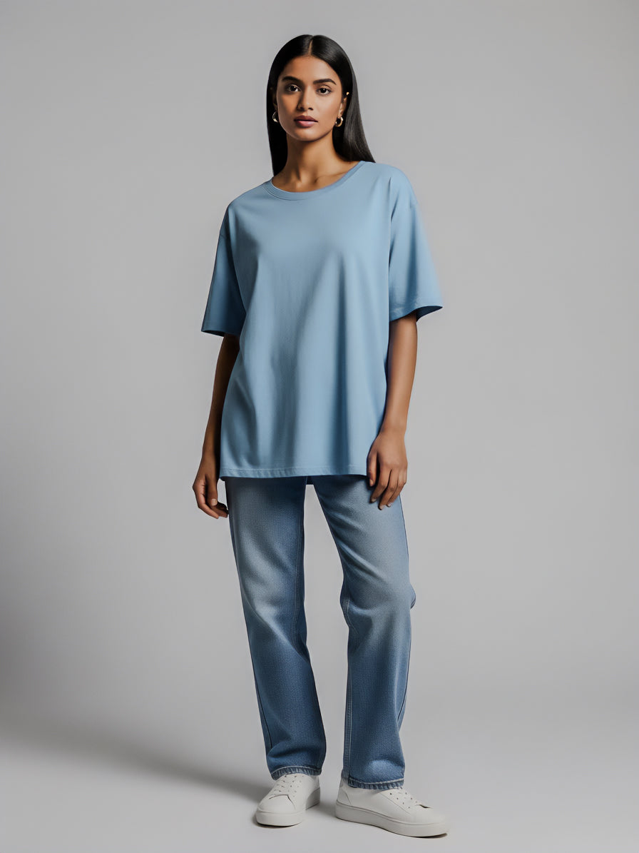 Drop Shoulders Oversized Dusty Sky Blue T-Shirts