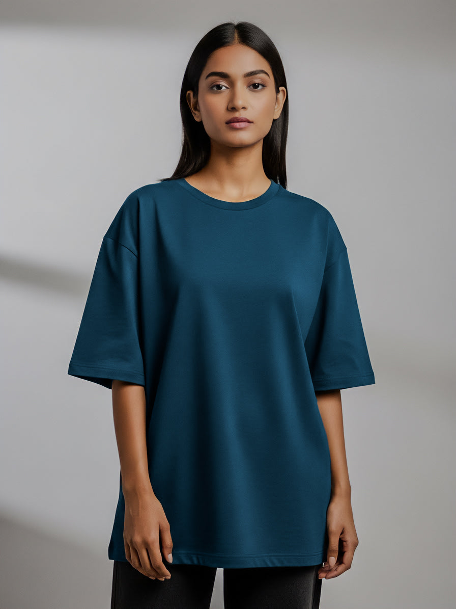 Drop Shoulders Oversized Deep Teal Blue T-Shirts