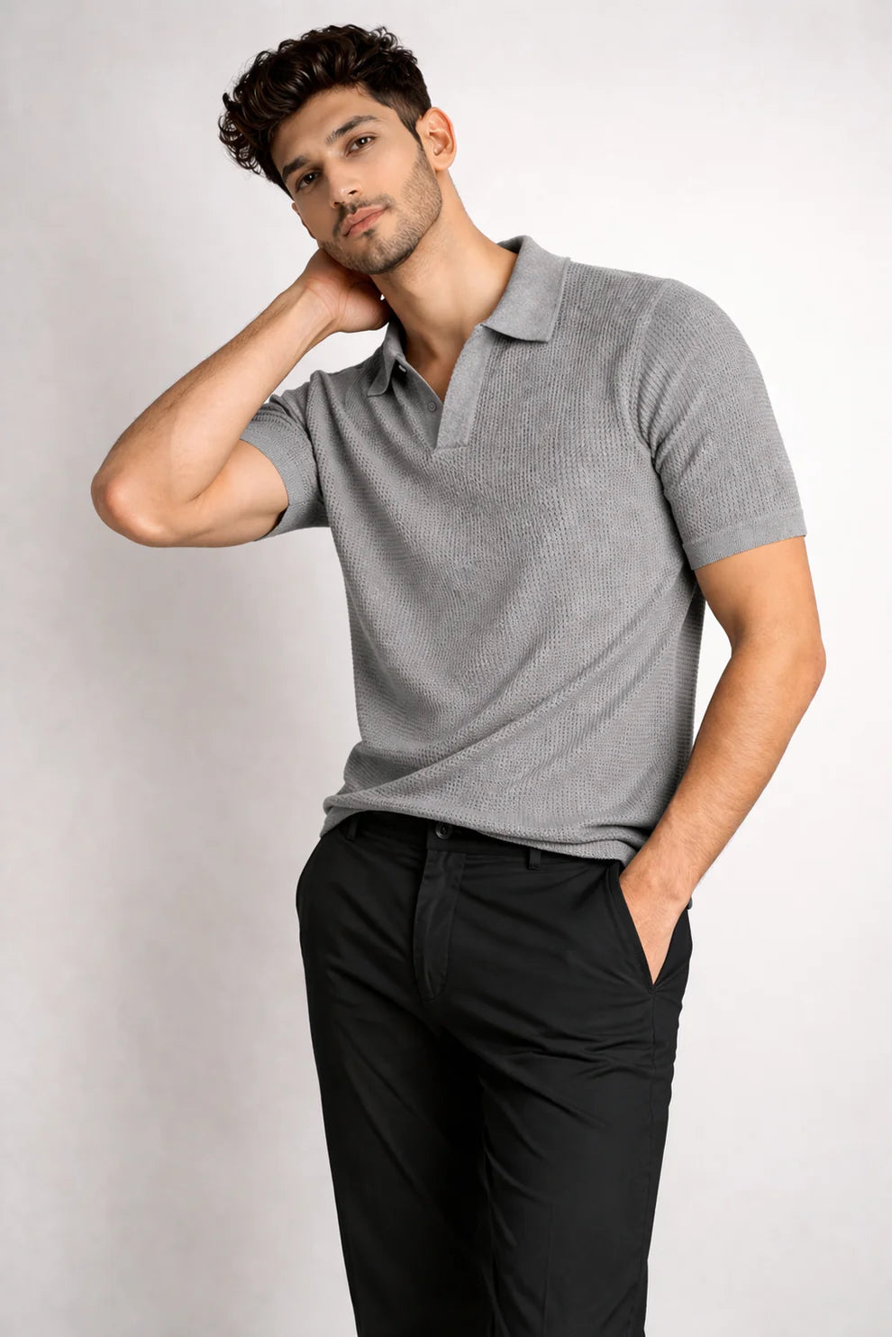 Steel grey knitted polo shirt for men in Pakistan stylish casual wear